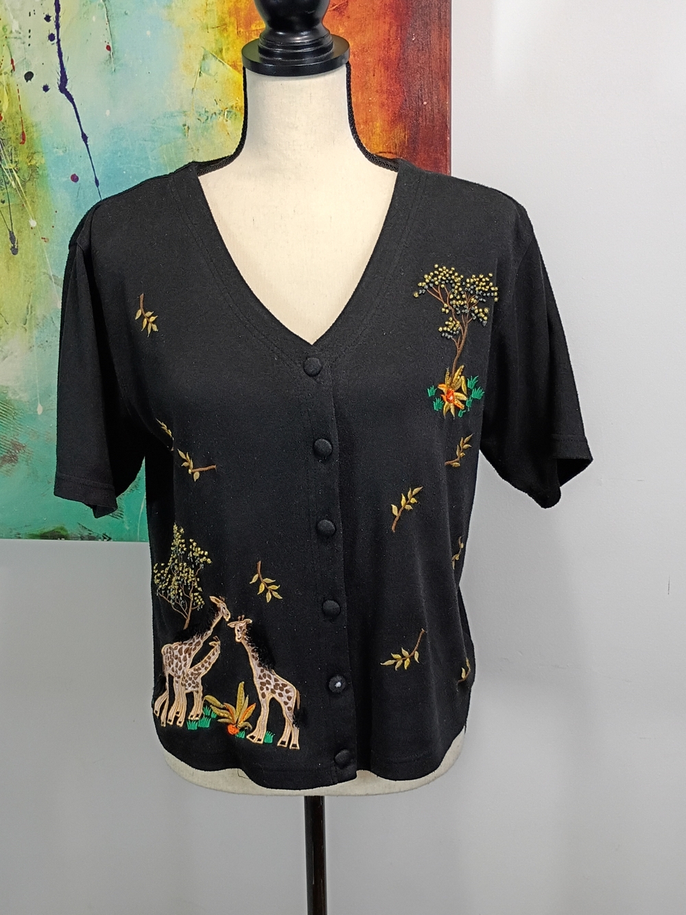 Vintage Lisa International Black Embroidered Giraffe Button-Front Cardigan